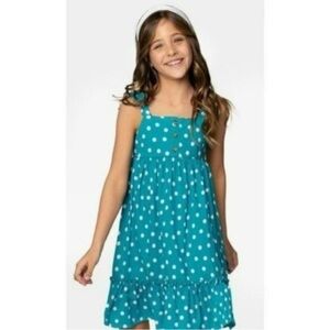 Girls bow strap polka dot dress blue ruffled hem